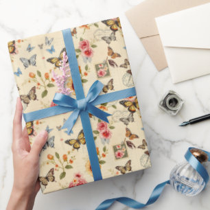 Papier Cadeau Papillon vintage & Fleurs Enveloppes Cadeaux Rouil