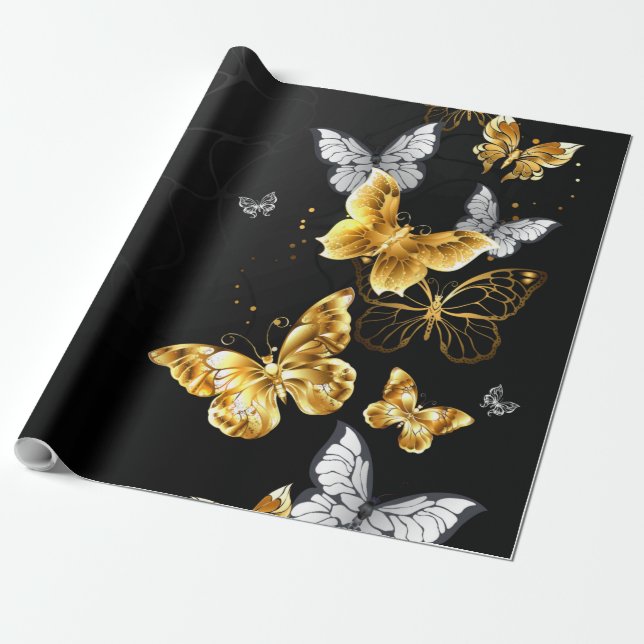 Papier Cadeau Papillons blancs et dorés (Déroulé)