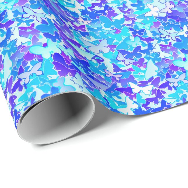 Papier Cadeau Papillons, bleu, turquoise, lavande (Coin rond)