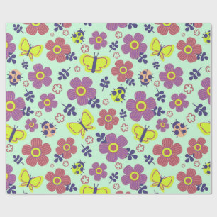 Papier Cadeau Papillons, coccinelles, fleurs et feuilles