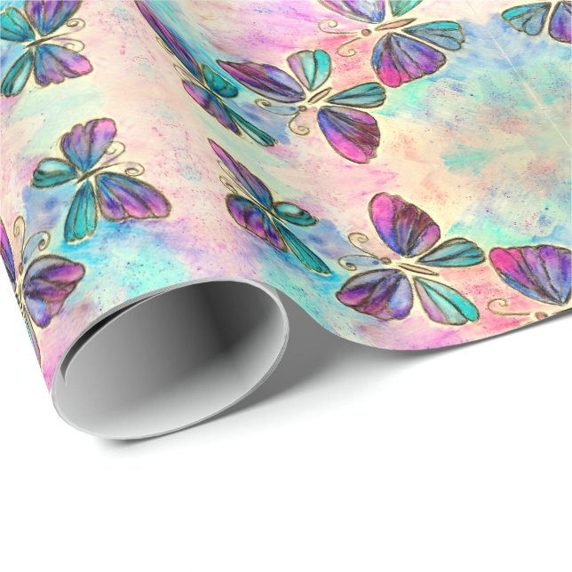 Papier Cadeau Papillons colorés mignons - (Coin rond)