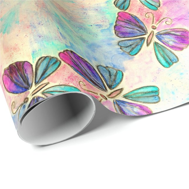 Papier Cadeau Papillons colorés volants - Printemps - Aquarelle (Coin rond)