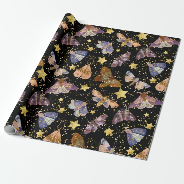 Papier Cadeau Papillons de nuit Whimsical Faux Gold Stars (Déroulé)