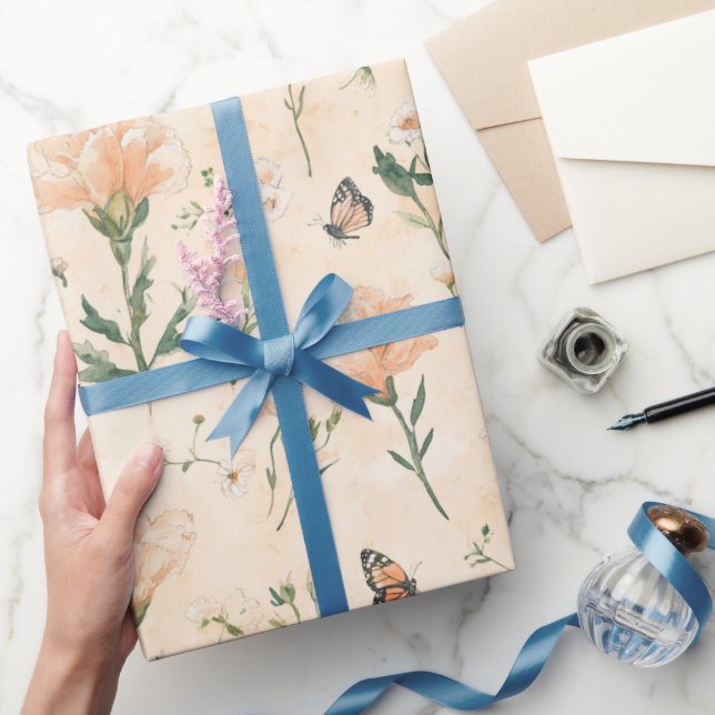 Papier Cadeau Papillons de pêche Fête de mariage floral (Cadeaux)