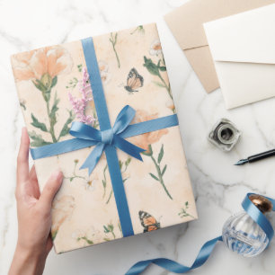 Papier Cadeau Papillons de pêche Fleurs Shower de mariage