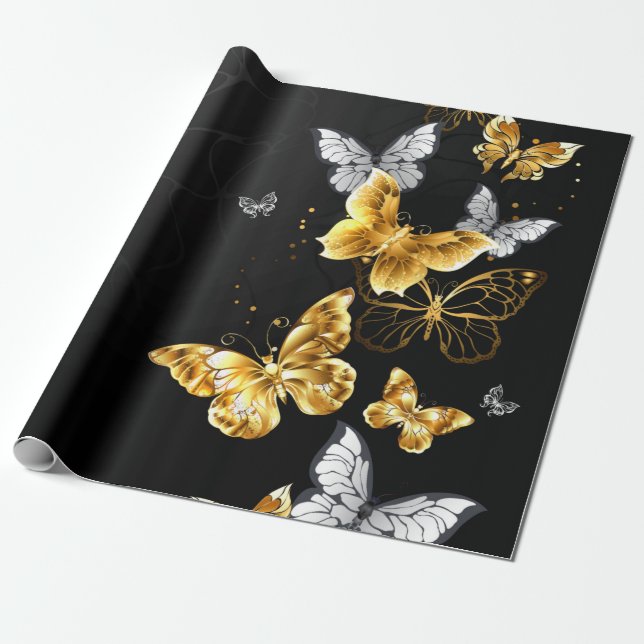 Papier Cadeau Papillons d'or et de blanc (Déroulé)