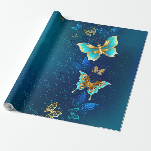 Papier Cadeau Papillons d'or sur un Arrière - plan bleu (Déroulé)