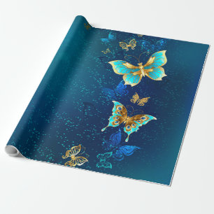 Papier Cadeau Papillons d'or sur un Arrière - plan bleu