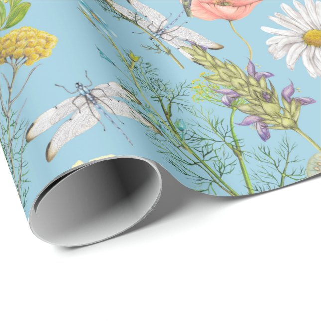 Papier Cadeau Papillons et libellules sur Fleur sauvage (Coin rond)