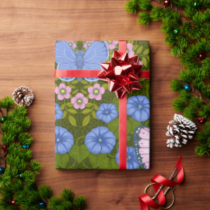 Papier Cadeau Papillons et symétrie des fleurs, bleu et rose