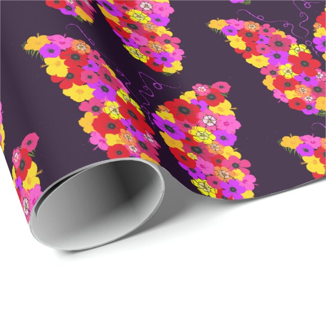 Papier Cadeau Papillons floraux magiques sur violet (Coin rond)