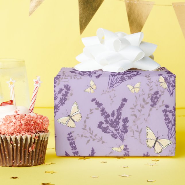 Papier Cadeau Papillons ivoires aux fleurs de lavande (Fête d'anniversaire)