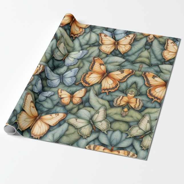 Papier Cadeau Papillons Motif Bleu Vert Jaune (Déroulé)