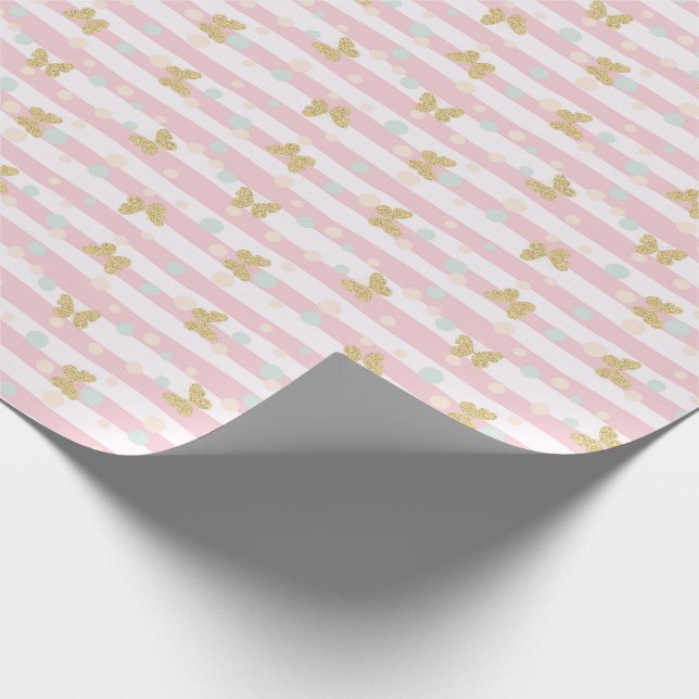 Papier Cadeau Papillons Parties scintillant d'or Pink Stripes Gi (Coin)