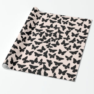 Papier Cadeau Papillons rose et noir chic Anniversaire