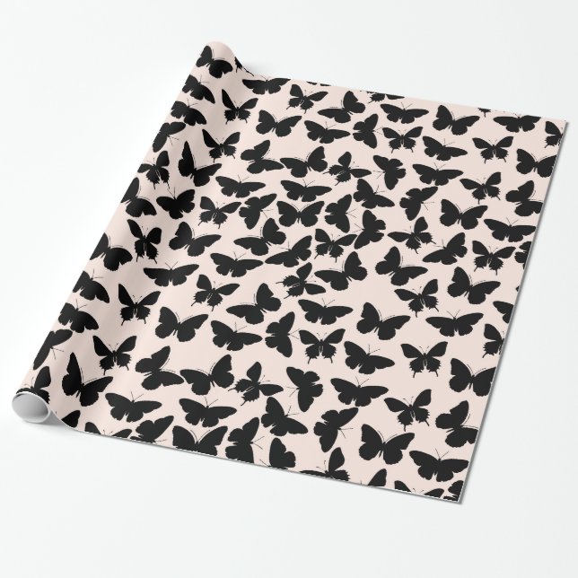 Papier Cadeau Papillons rose et noir chic Anniversaire (Déroulé)
