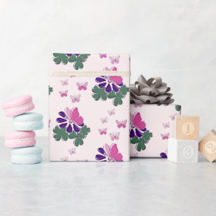 Papier Cadeau Papillons Roses Élégants & Fleurs Violettes
