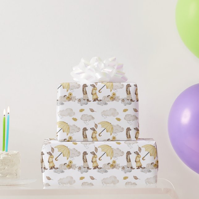 Papier Cadeau Parapluies de Weasels, Nuages de pluie, Fleurs (Cadeaux de fête)