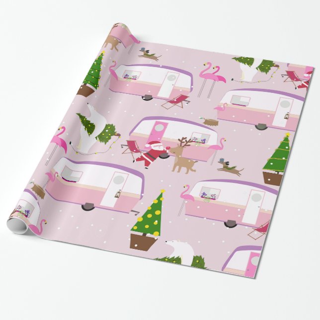 Papier Cadeau parc de remorques flamingo père Noël (Déroulé)