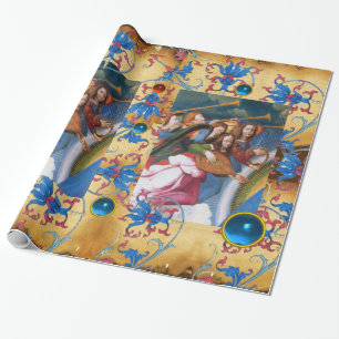 PAPIER CADEAU PARCHEMENT D'ANGELS MUSICAUX, FLEURS BLEU ROUGE, G