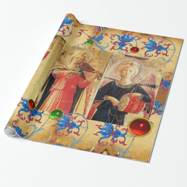 PAPIER CADEAU PARCHEMENT D'ANGELS MUSICAUX, FLEURS BLEU ROUGE, G (Déroulé)