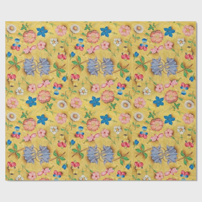 PAPIER CADEAU PARCHEMENT FLORAL ANTIQUE / ROSES SAUVAGES ET PANS (Plat)