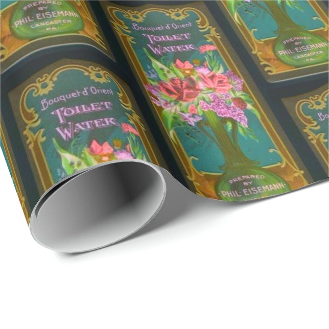 Papier Cadeau Parfum floral victorien étiquette noir rose turquo (Coin rond)
