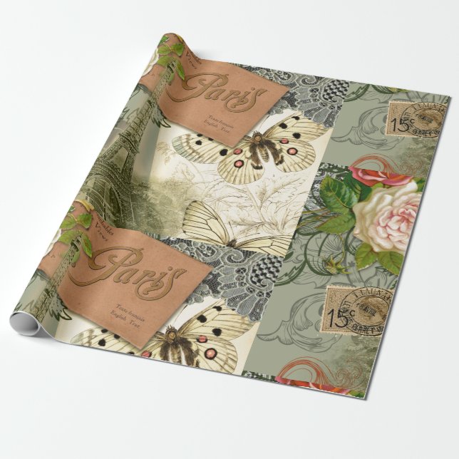 Papier Cadeau Paris France Art Antique Collage Eiffel Français (Déroulé)