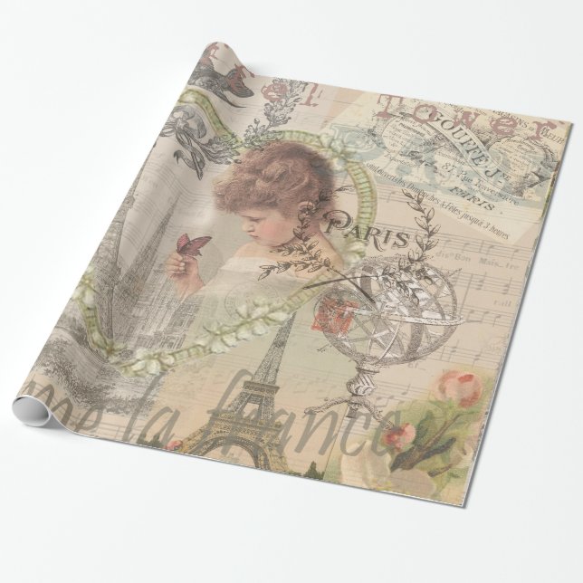 Papier Cadeau Paris France Jolie fille Eiffel (Déroulé)