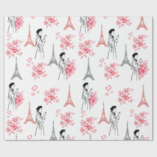 Papier Cadeau Paris Love Pattern – Eiffel Tower & Roses Seamless