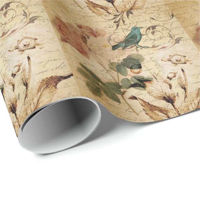 Papier Cadeau Paris rose victorien Scripts l'oiseau français (Coin rond)