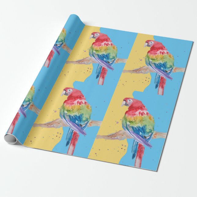 Papier Cadeau Parrot bleu Jaune Garçons Aquarelle Art Parrots (Déroulé)