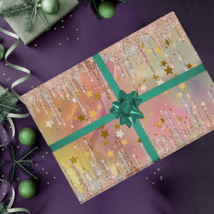 Papier Cadeau Parties scintillant à goutte de licorne chic rose