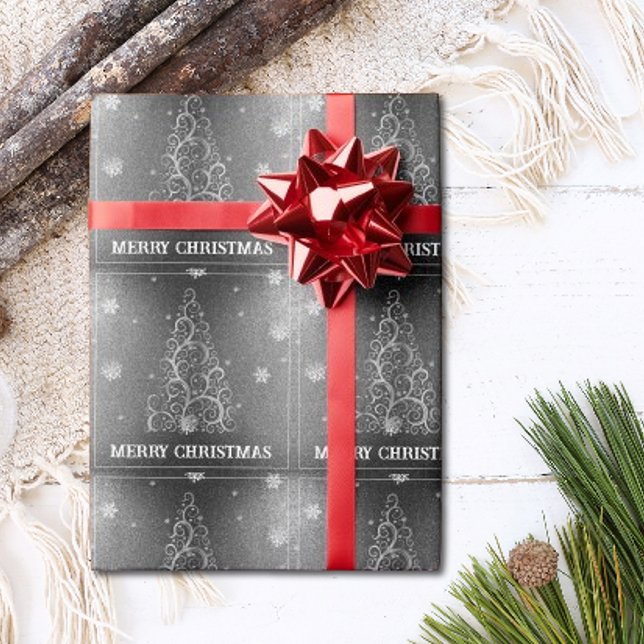 Papier Cadeau Parties scintillant d'arbre de Noël et flocons de  (Silver Christmas Tree Glitter and Snowflakes Wrapping Paper)
