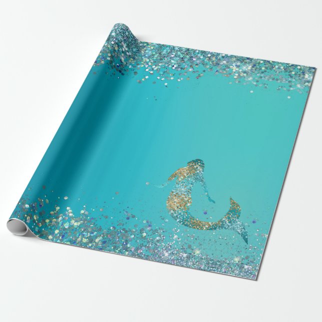 Papier Cadeau Parties scintillant d'or Aqua étincelle Mermaid    (Déroulé)