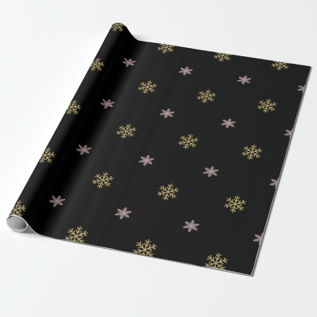 Papier Cadeau parties scintillant d'or et flocons de neige roses (Déroulé)