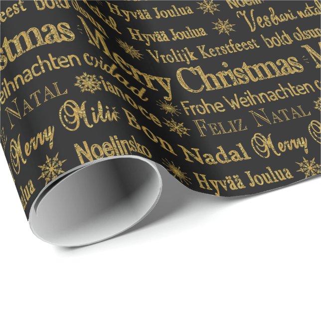 Papier Cadeau Parties scintillant d'or Joyeux Noël Langue différ (Coin rond)