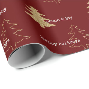 Papier Cadeau Parties scintillant d'or Noël Arbres blancs rouges
