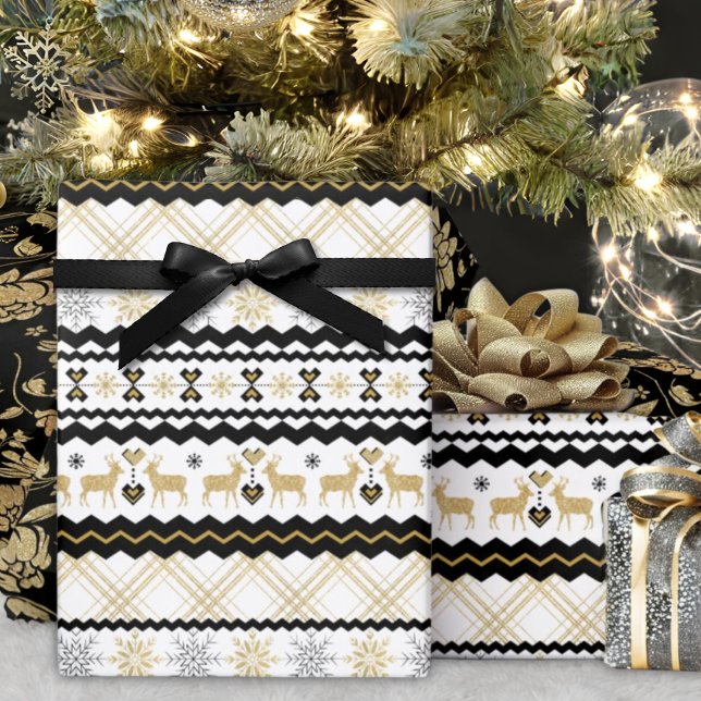 Papier Cadeau Parties scintillant d'or Snowflakes Black White No (Créateur téléchargé)