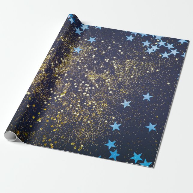 Papier Cadeau Parties scintillant dorée et étoiles bleues scinti (Déroulé)