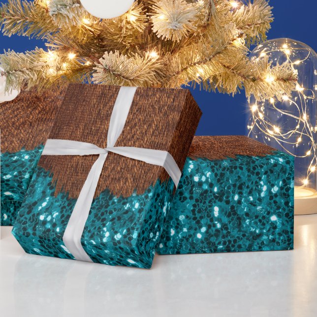 Papier Cadeau Parties scintillant étincelle bleu d'Aqua bois bru (Vacances)