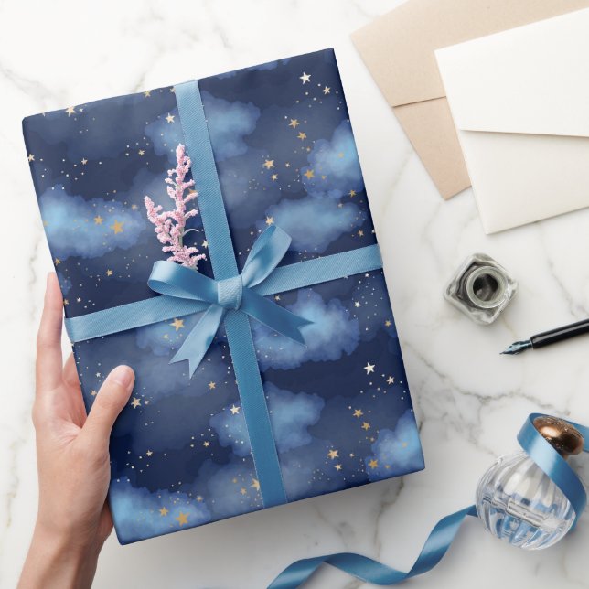 Papier Cadeau Parties scintillant Gold Stars Dark Blue Sky Motif (Cadeaux)
