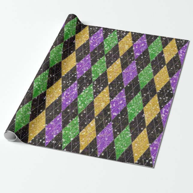 Papier Cadeau Parties scintillant Mardi Gras Jacquard Arlequin (Déroulé)