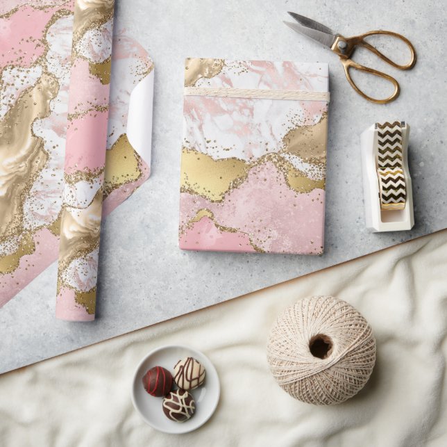 Papier Cadeau Parties scintillant or Marbre blanc rose (Artisanat)