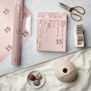 Papier Cadeau Parties scintillant rose en or Quinceanera gouttes