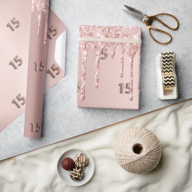 Papier Cadeau Parties scintillant rose en or Quinceanera gouttes (Artisanat)