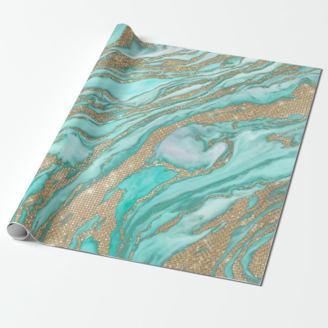 Papier Cadeau Parties scintillant Séquin Or Marbre Turquoise Smo (Déroulé)