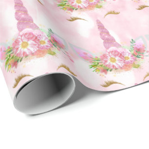 Papier Cadeau Parties scintillant Unicorne rose Floral Gold Mint