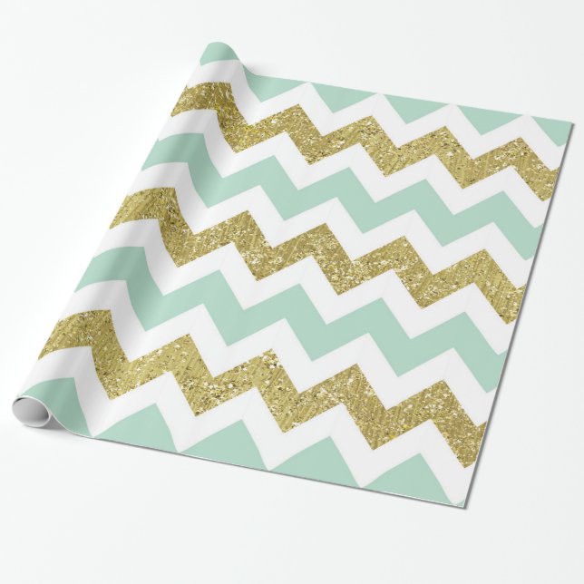 Papier Cadeau Parties scintillantes Chevron de Faux de menthe et (Déroulé)