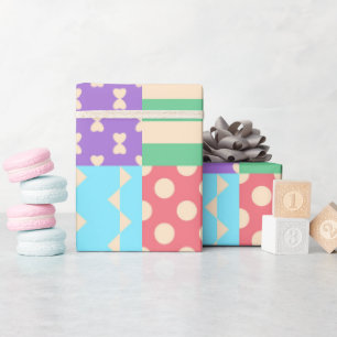 Papier Cadeau Pastel à carreaux à rayures noeud à pois Géométriq